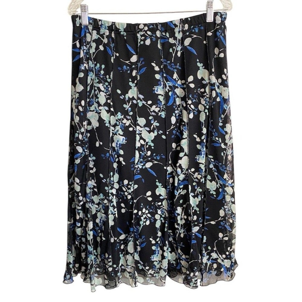 Norm Thompson Black White Floral Midi Skirt Sz M Paneled Sheer Overlay Y2K